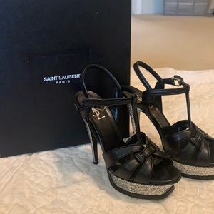 YSL black tribute heel with silver glitter heel.
